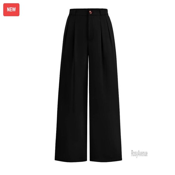 Pants - High Waisted Wide Leg Palazzo Pants, Office Work Trousers, Elastic Waist